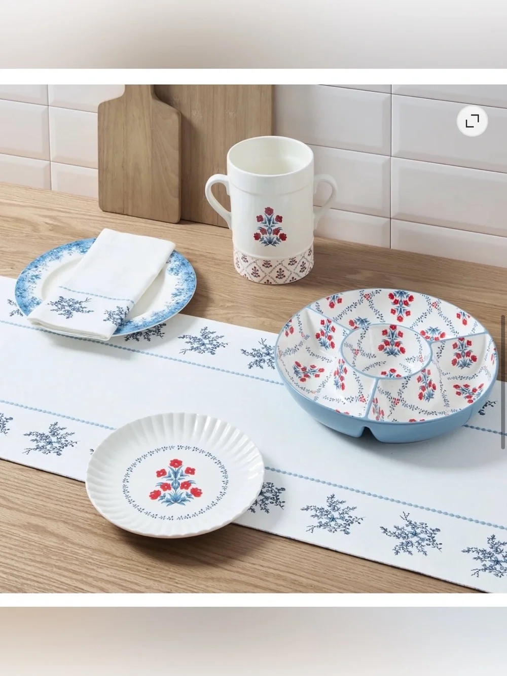 Floral Cotton Reversible Table Runner Blue and White 14 × 90-inch My Texas House